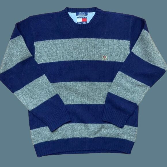 Tommy Hilfiger Y2K Vintage Wool Striped Grey Navy Sweater Men's Size XL - Picture 1 of 7